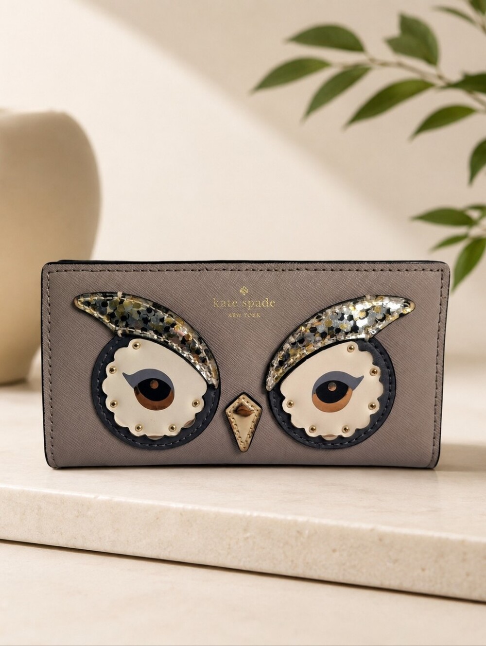 Kate Spade Novelty Star Bright Owl Stacy Saffiano Leather Wallet Gray Glitter